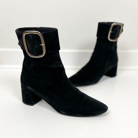 Saint Laurent Joplin Block Heel Black Suede Almond Toe Buckle Ankle Boot Size 37 - Picture 1 of 16